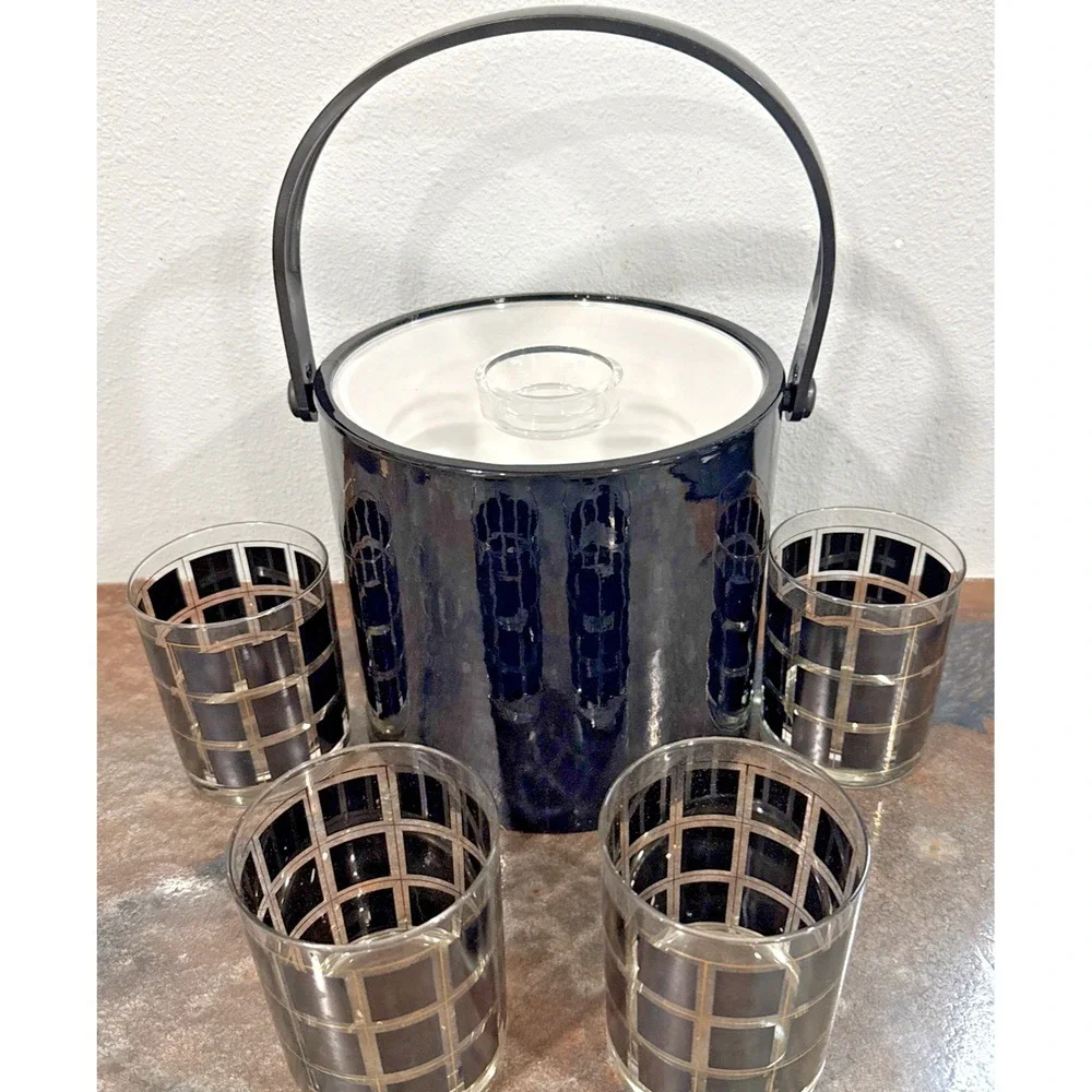 Vintage Shelton-Ware Ice Bucket & 4 Glasses MCM Black Gold Grid Barware Set NIB